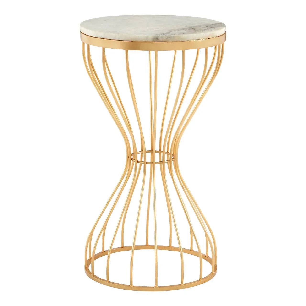 Gold metal side table with hourglass base and round white marble top