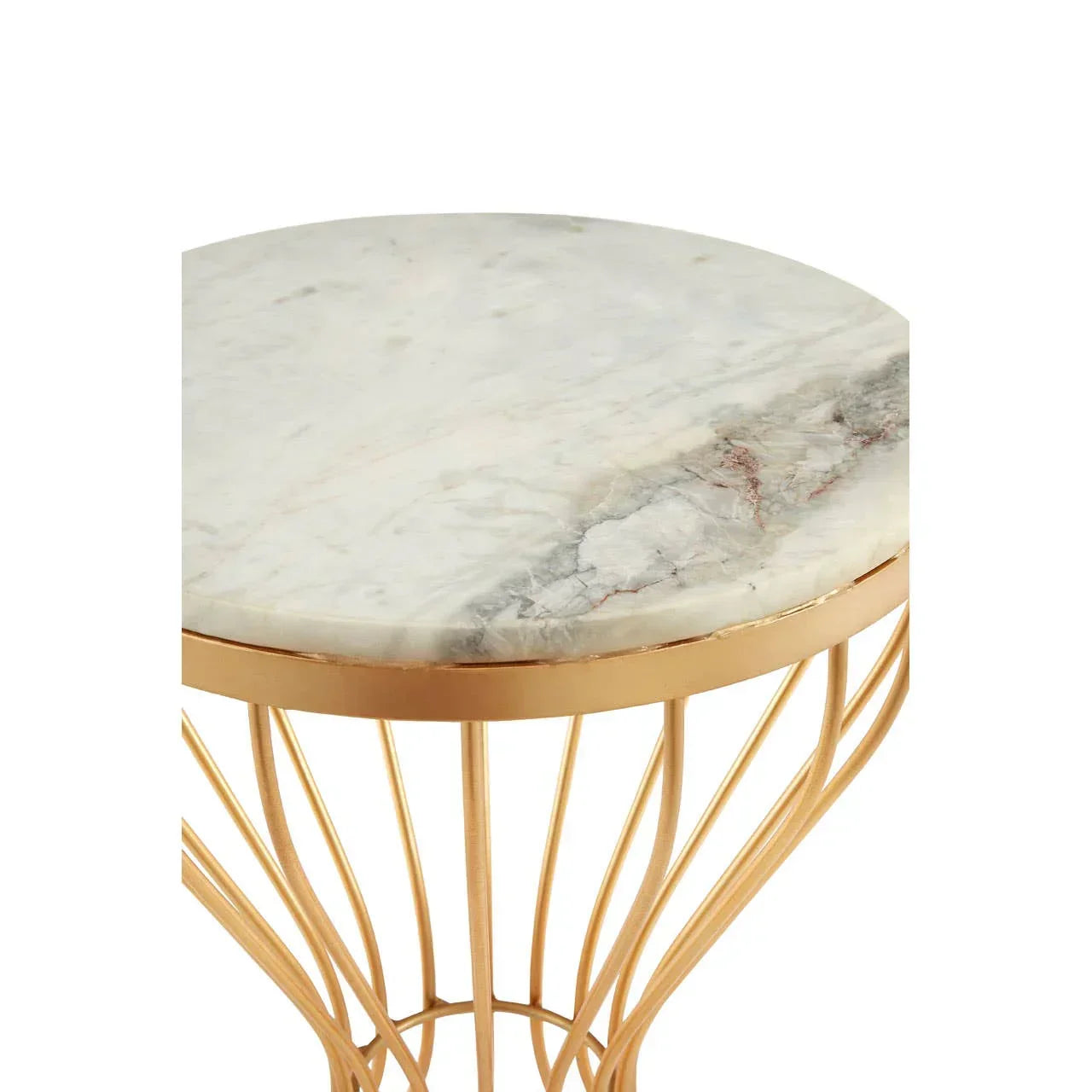 Round marble side table with gold metal frame, close-up of top and base detail
