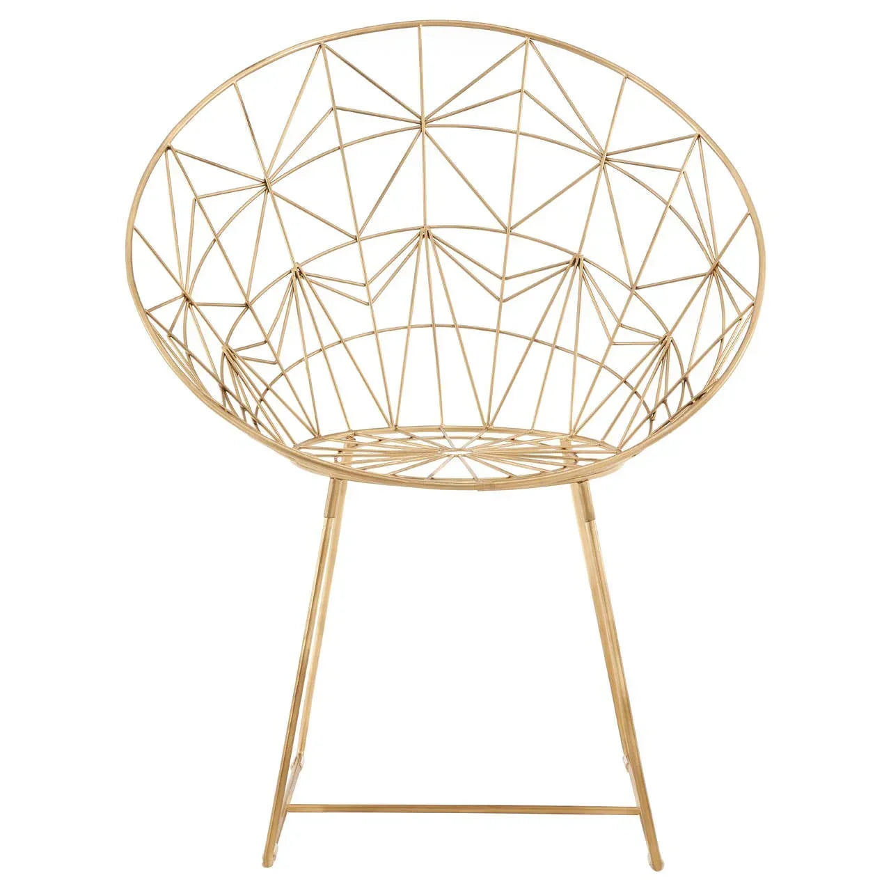 Gold metal accent chair with geometric wire frame design, front view