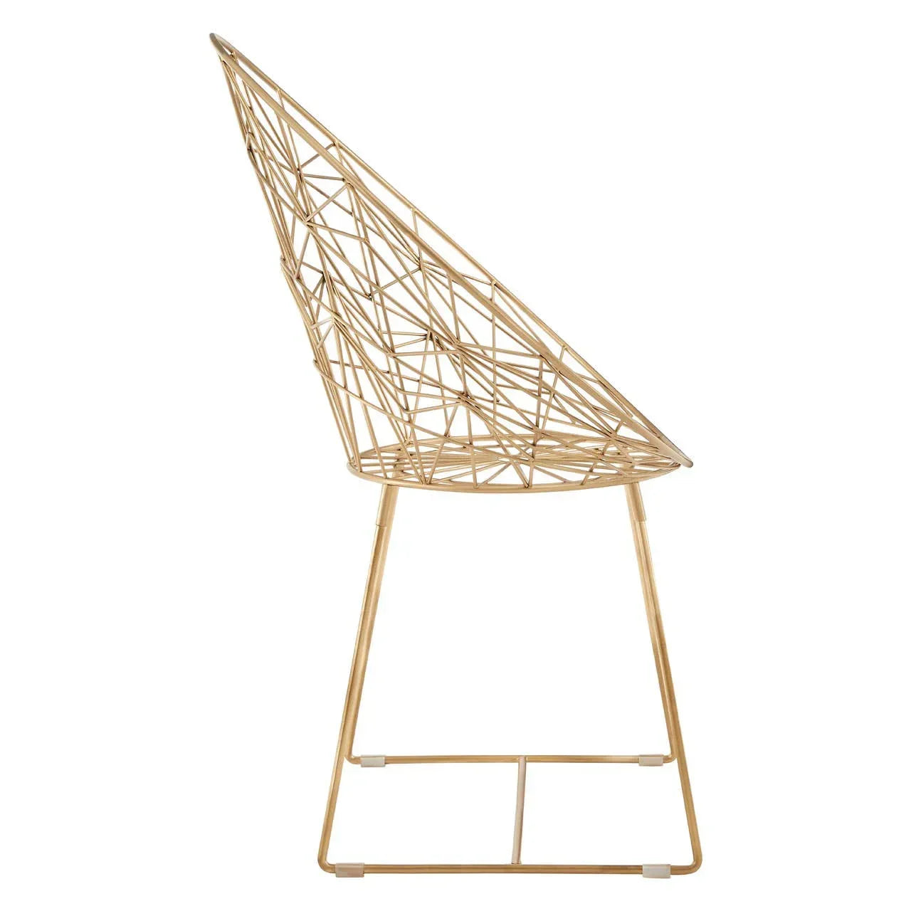 Gold metal accent chair with geometric wireframe design, side profile on white background