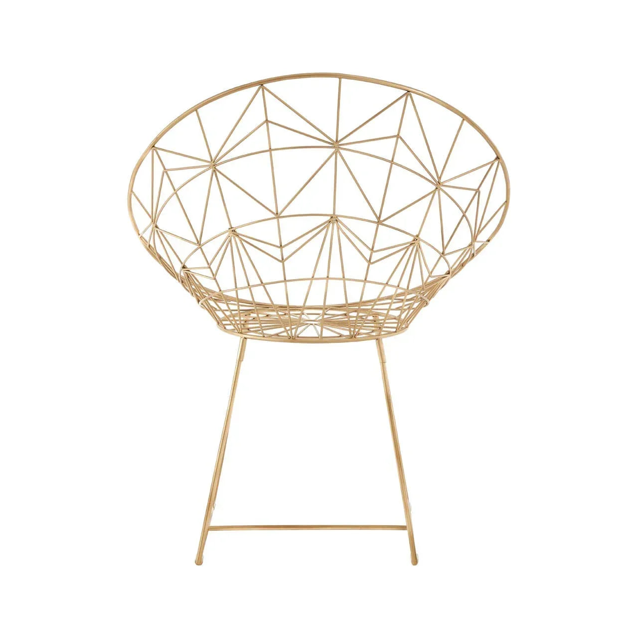Gold metal accent chair with geometric wire frame design, front view