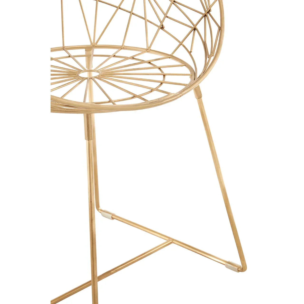 Gold metal chair with geometric wire frame and minimalist tripod legs