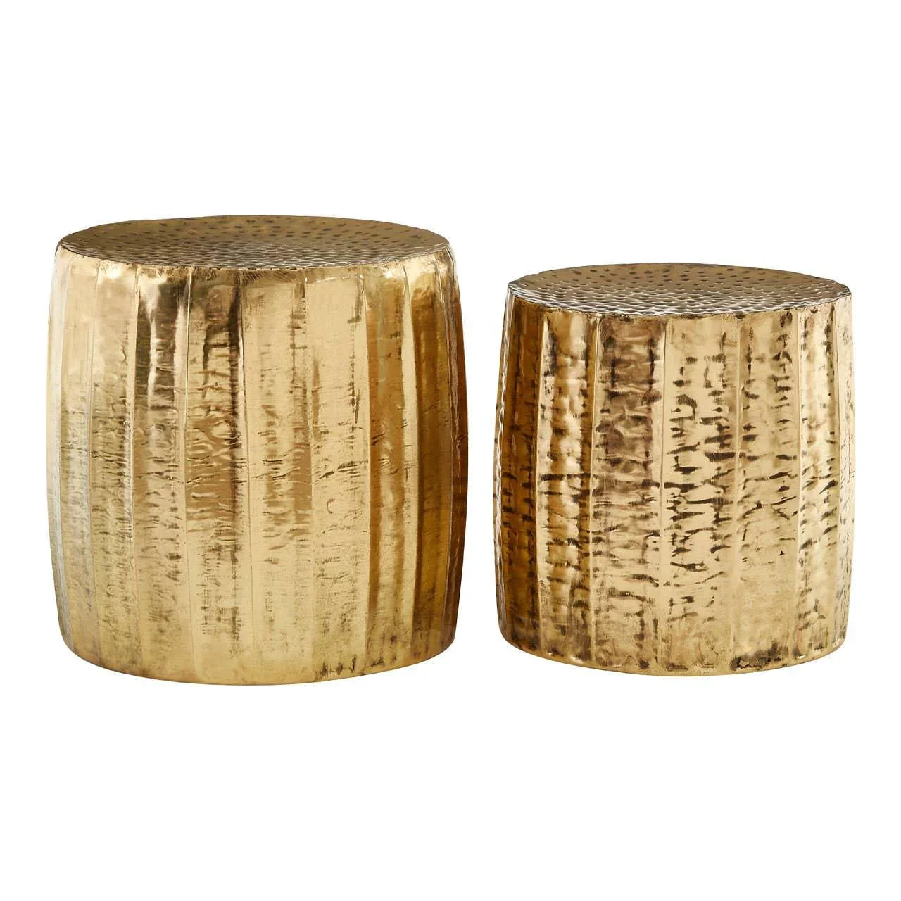 Pair of gold metal side tables with hammered texture and drum shape