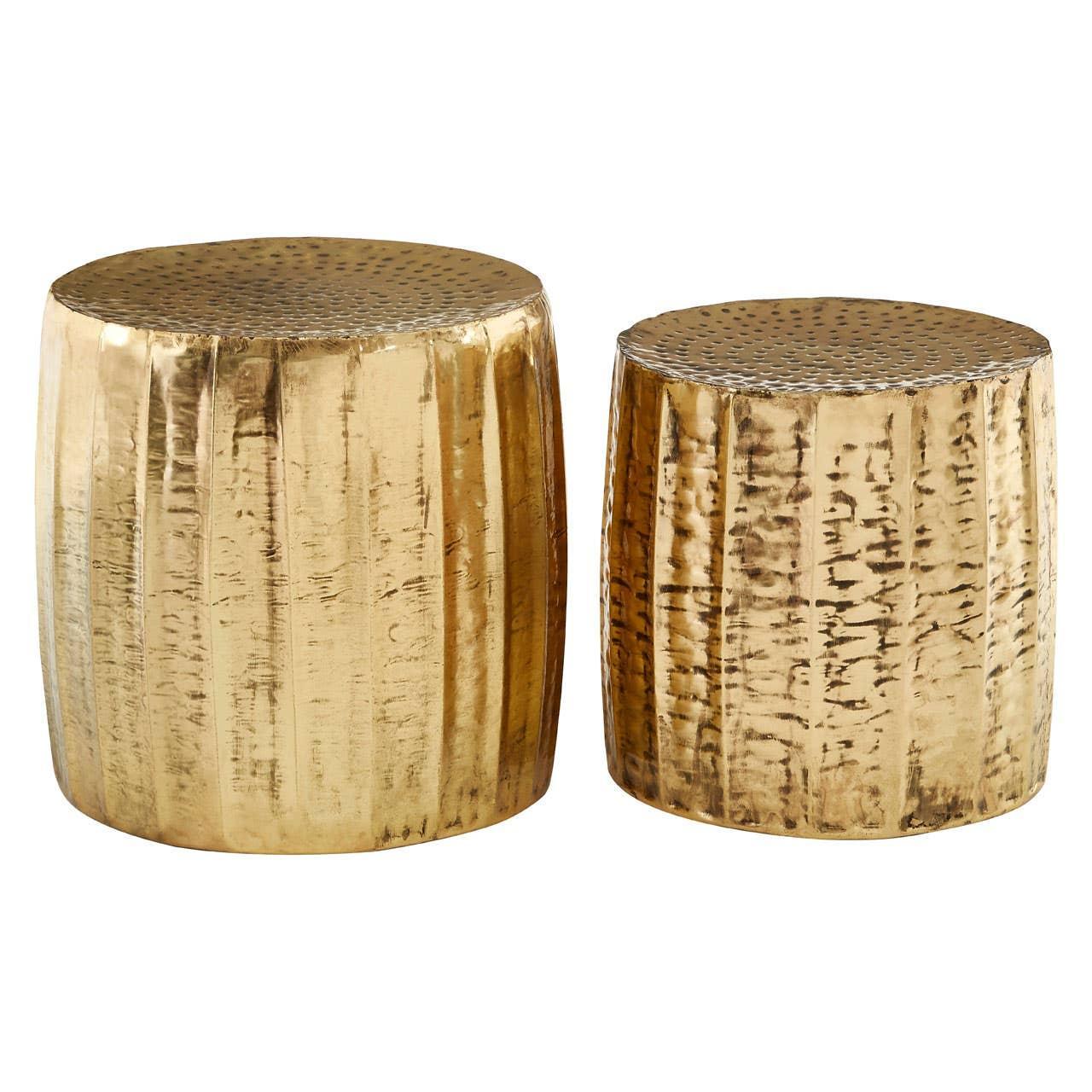 Set of two round hammered gold metallic side tables with textured finish