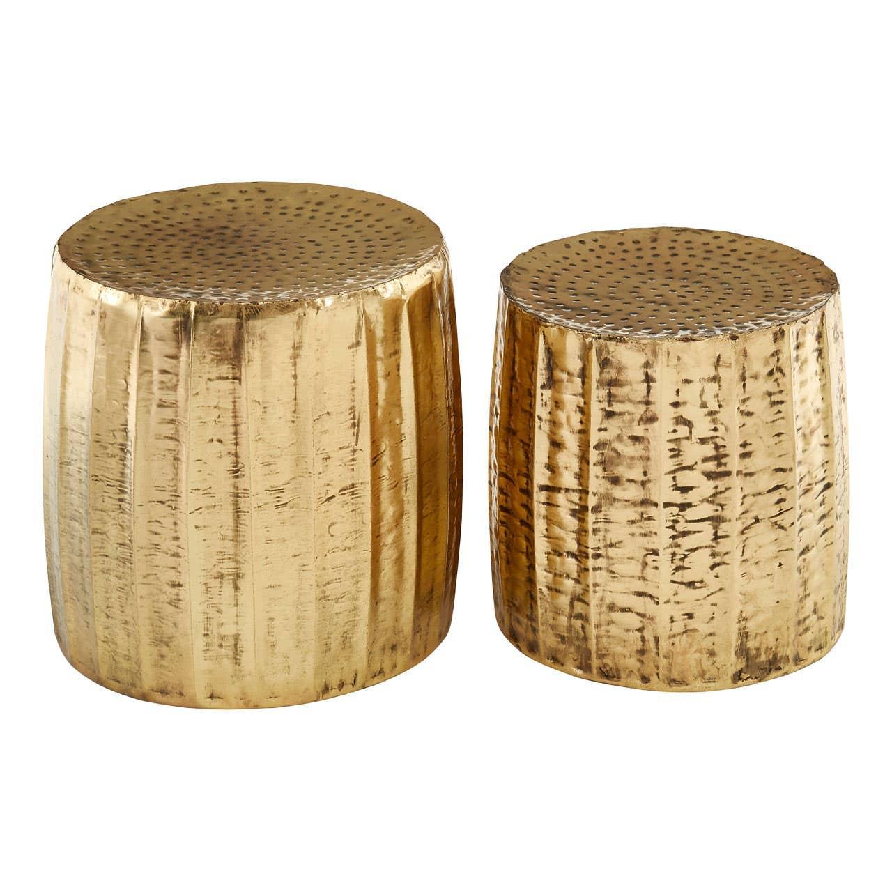Set of two gold hammered metal side tables with textured cylindrical design