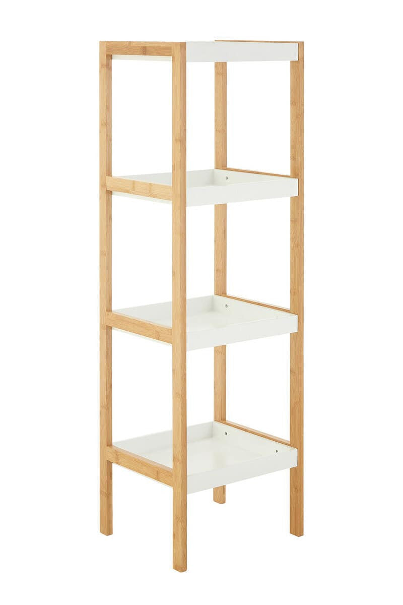 Four-tiered shelf unit featuring a combination of white shelves and a natural wood frame, designed with clean lines and a minimalist aesthetic. The unit stands upright with open shelving, allowing for easy access and display of items