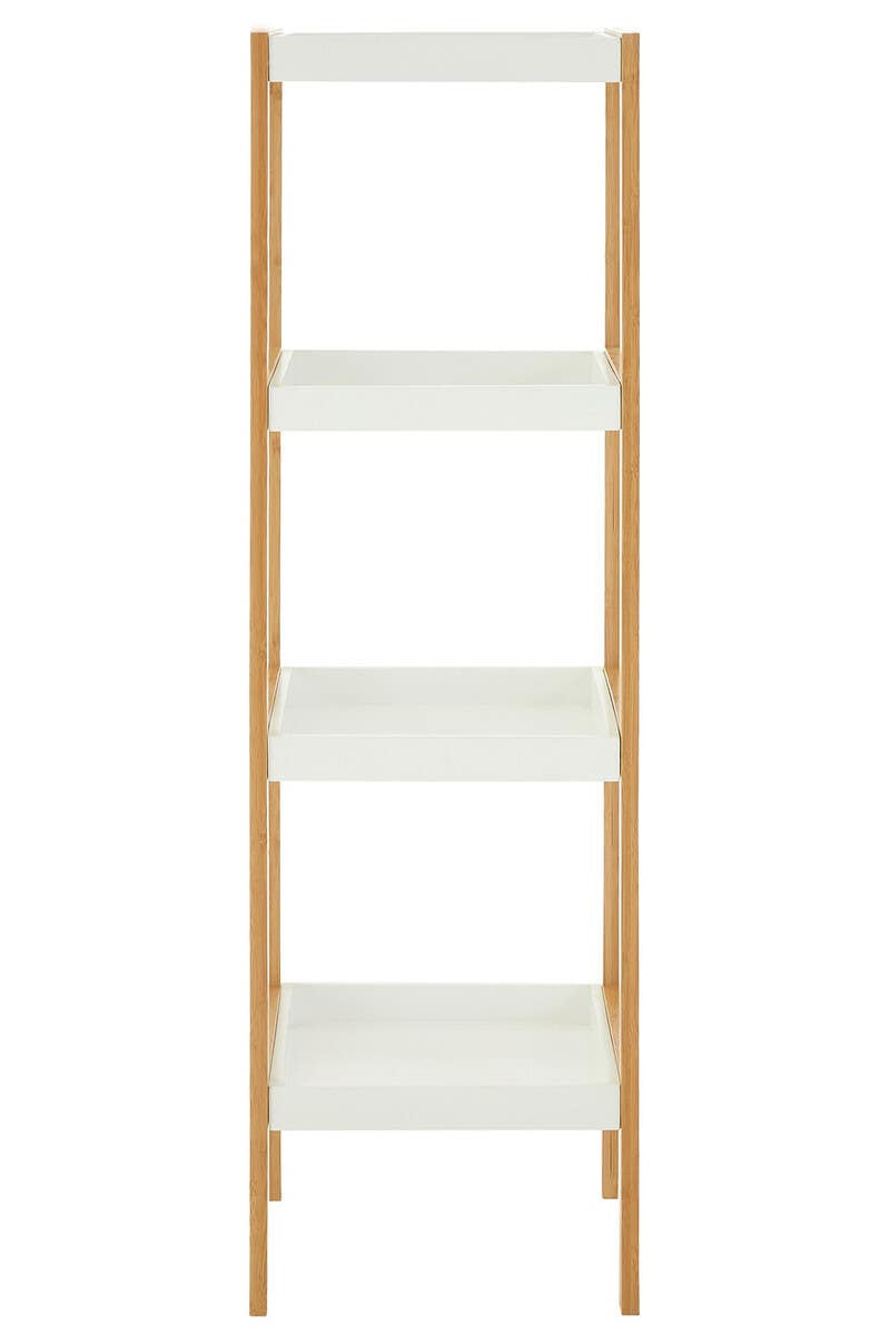 Four-tiered shelf unit featuring a natural wood frame and white shelves, designed for storage and display. The unit has a minimalist style with clean lines and a light, airy appearance