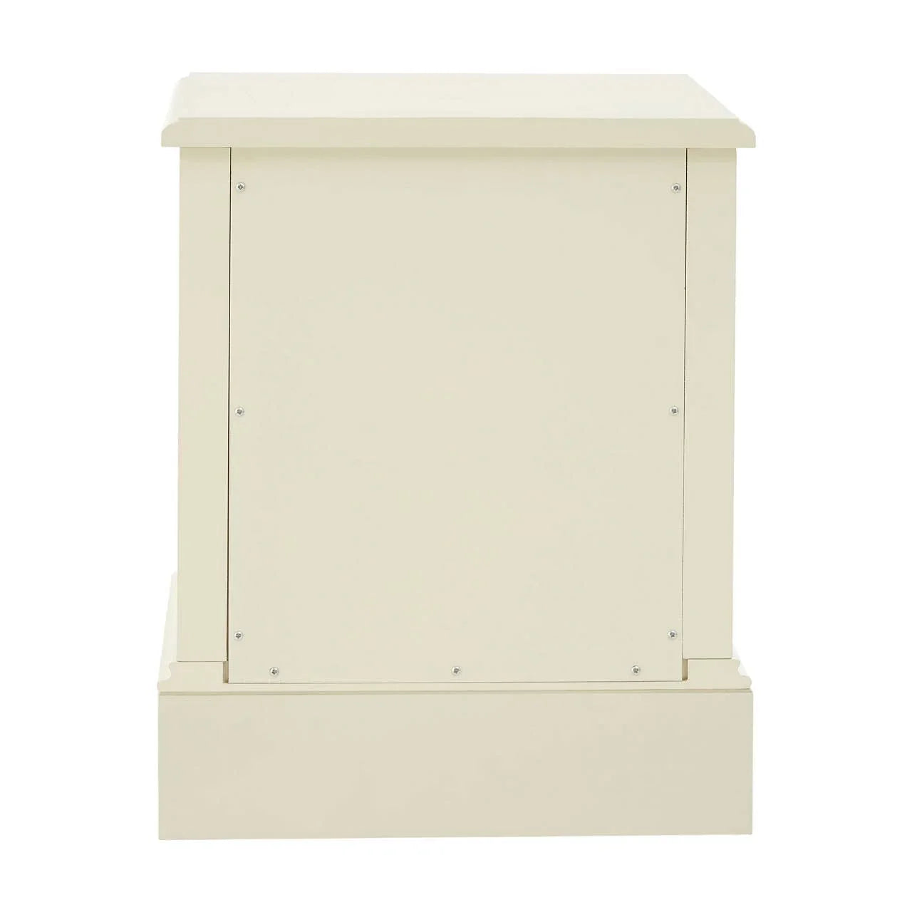Cream painted wooden side table rear panel view with clean lines and smooth finish