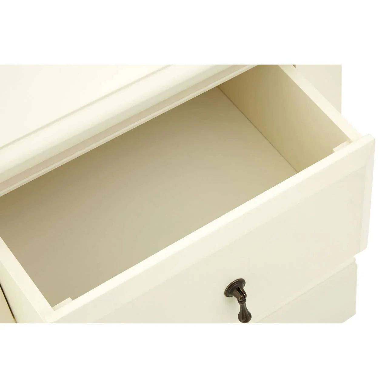 Ivory wooden drawer with black handle open to show storage space