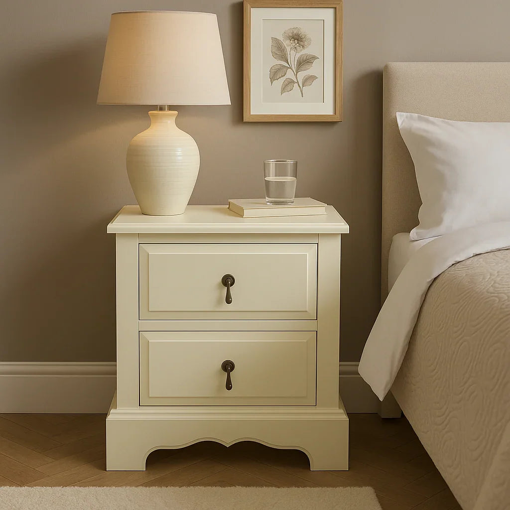 Cream bedside table with two drawers, lamp, book, and glass of water beside a bed