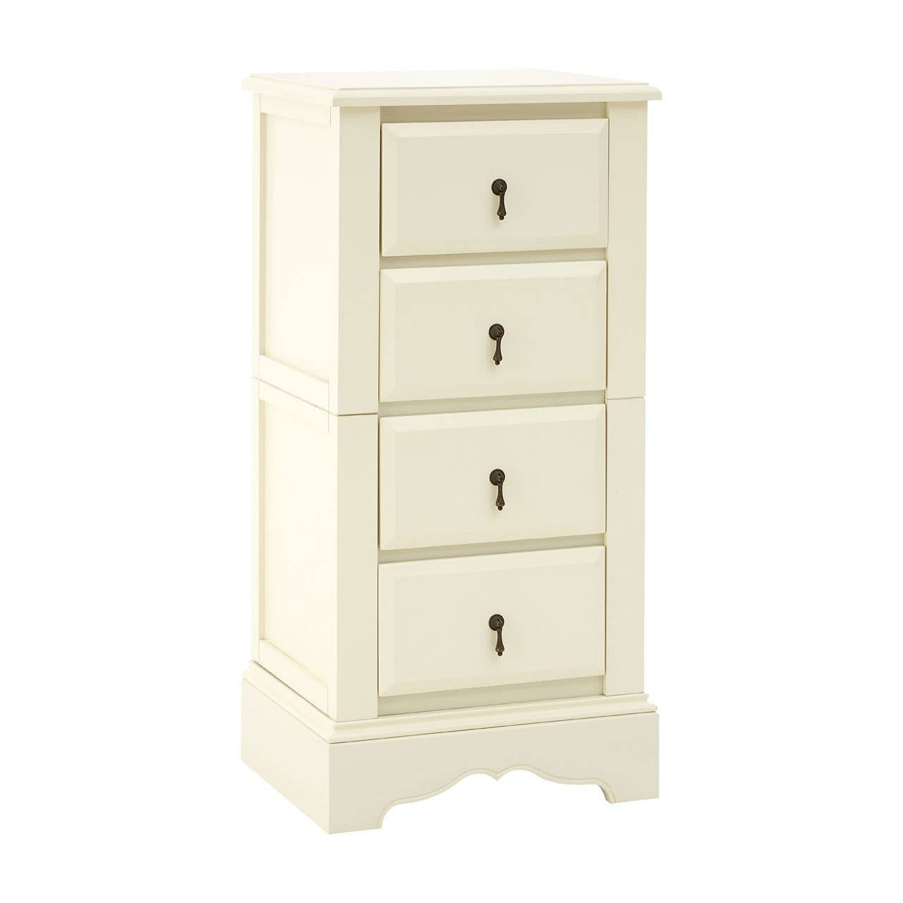 Florence Ivory Chest featuring four spacious drawers with decorative keyhole hardware, a smooth ivory finish, and a classic design with a slightly curved base