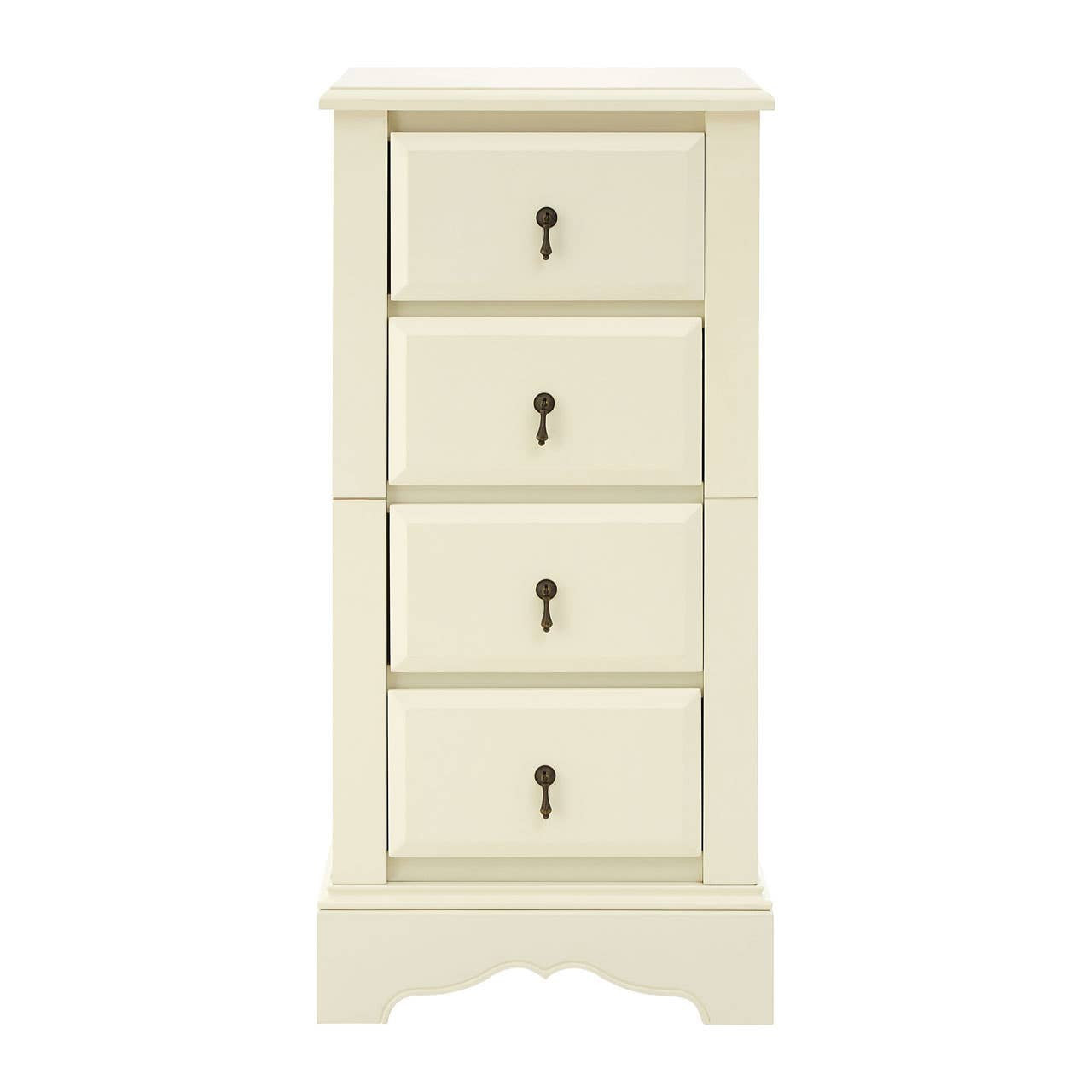Florence Ivory Chest featuring four spacious drawers with decorative metal handles, a smooth ivory finish, and a classic design with a slightly curved base