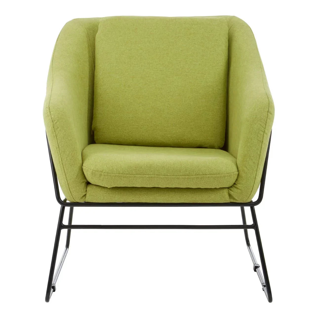 Green fabric armchair with black metal legs, front view