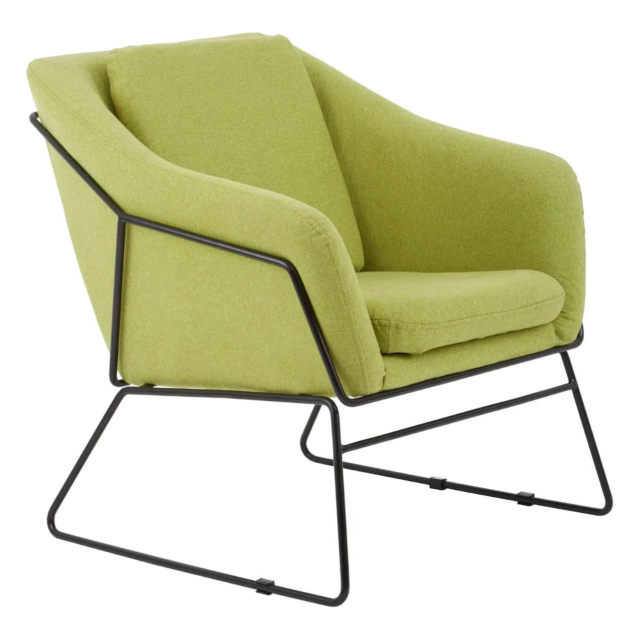 Green upholstered accent chair with black metal frame and angled legs, side view