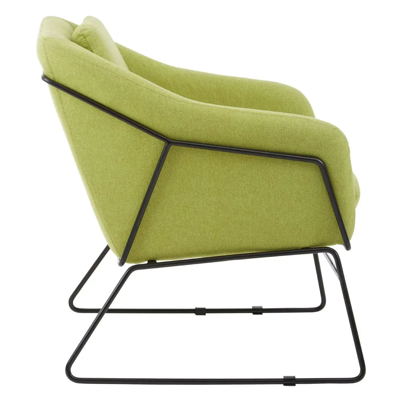 Green accent chair with black metal frame and upholstered seat side view