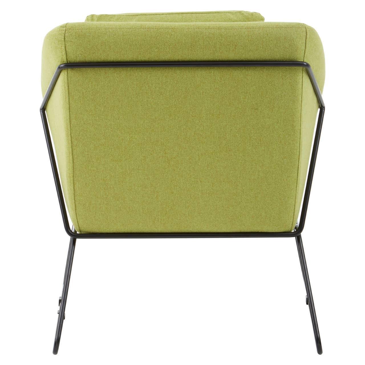 Back view of green armchair with slim black metal frame and cushioned upholstery