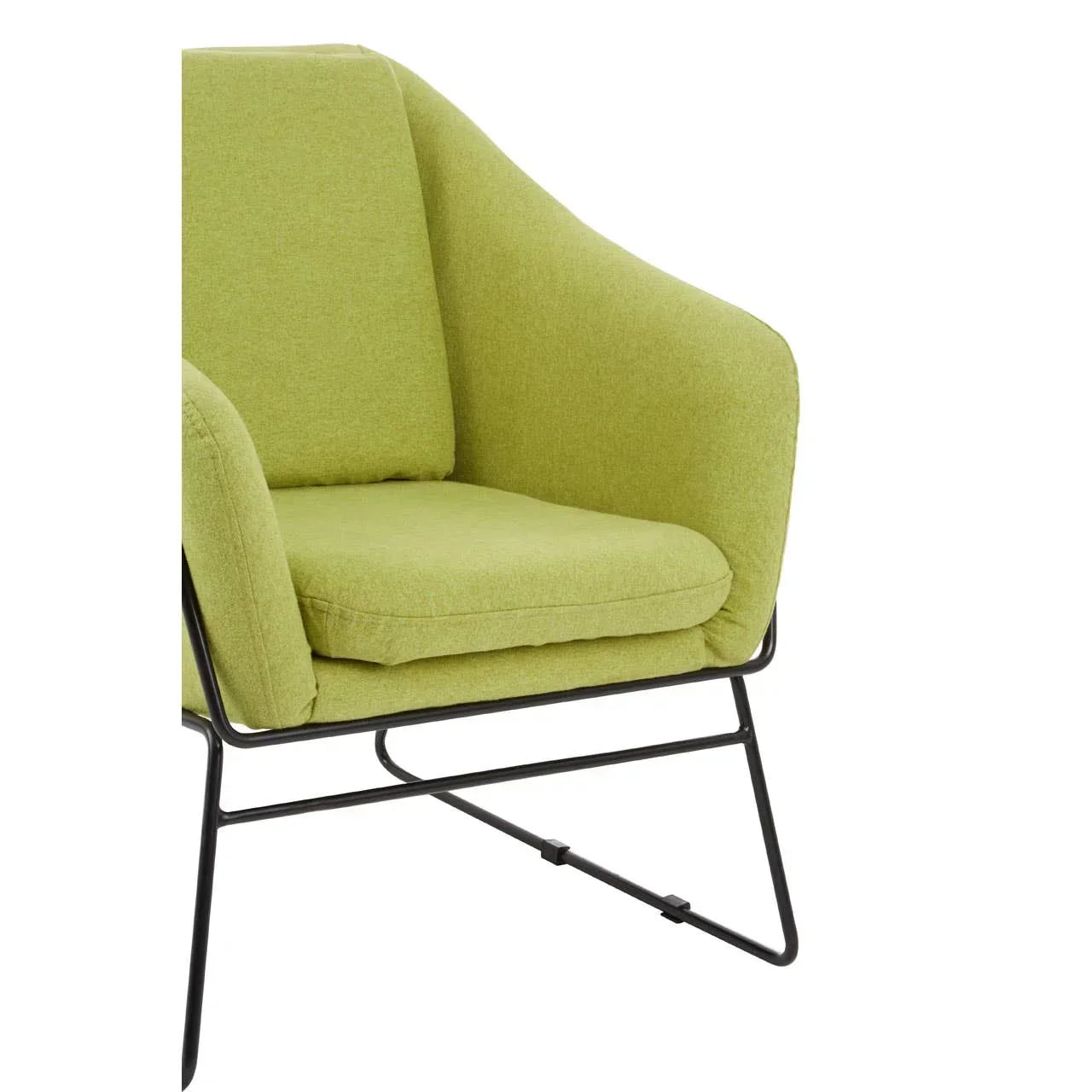 Green fabric accent chair with black metal frame and armrests, close-up side view