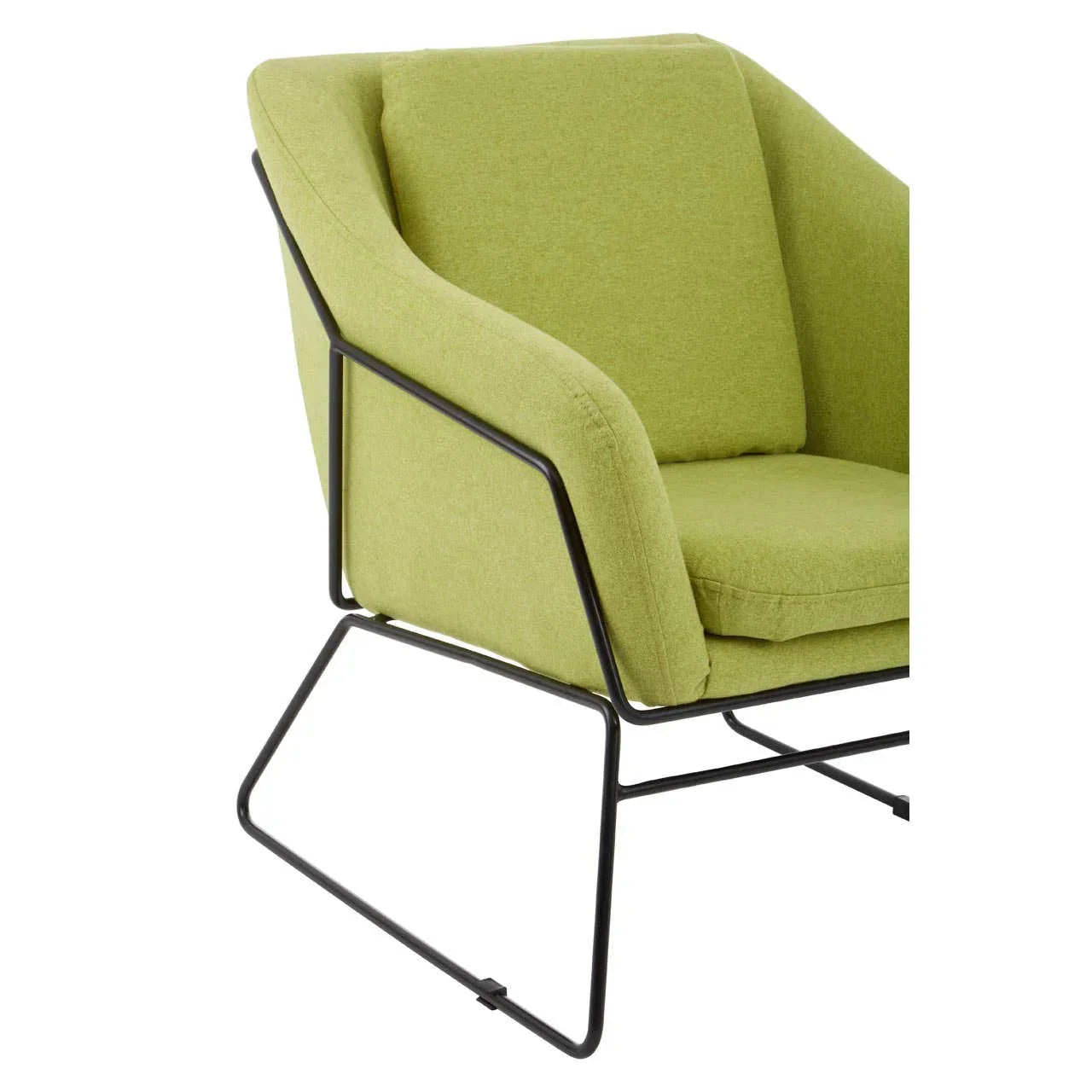 Green fabric accent chair with black metal frame and cushioned seat, angled side view