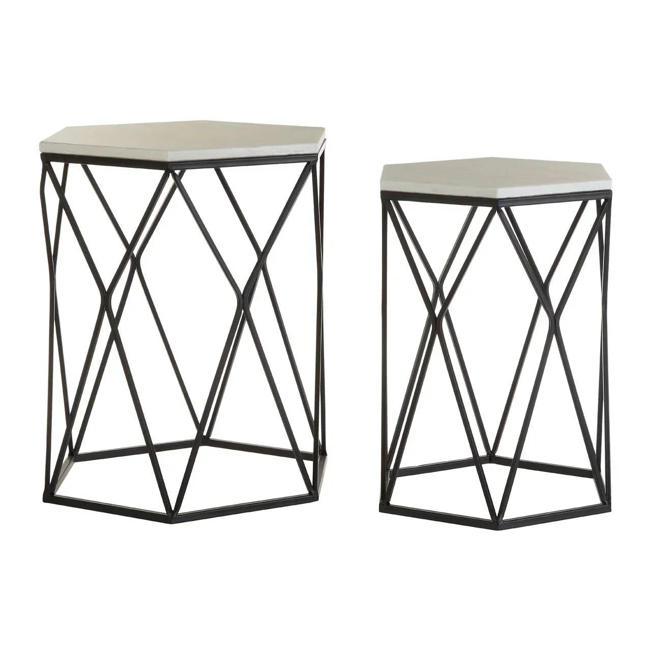 Set of two hexagonal accent tables with white tops and black geometric metal frames