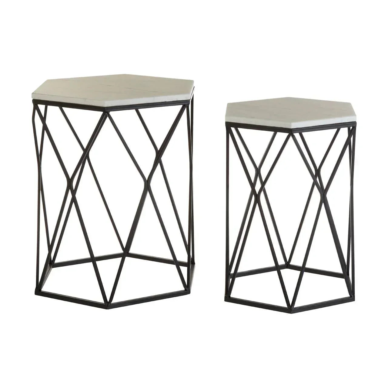 Set of two hexagonal side tables with white tops and geometric black metal frames