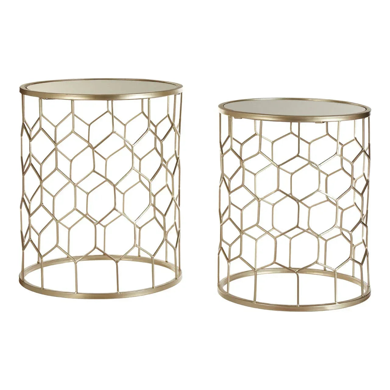 Gold metal side tables with geometric openwork bases and mirrored tops, set of two