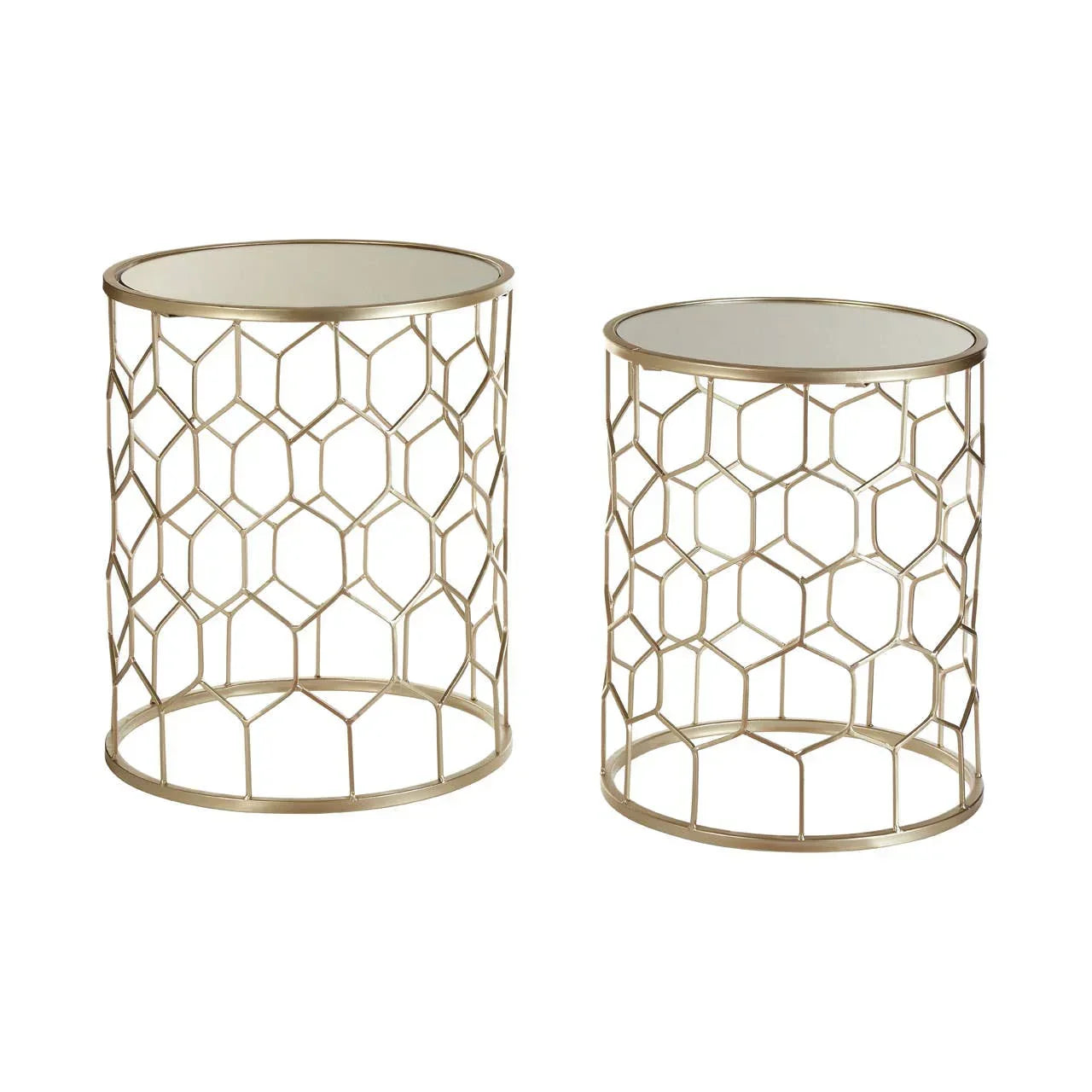 Pair of gold metal side tables with geometric honeycomb frames and mirrored tops