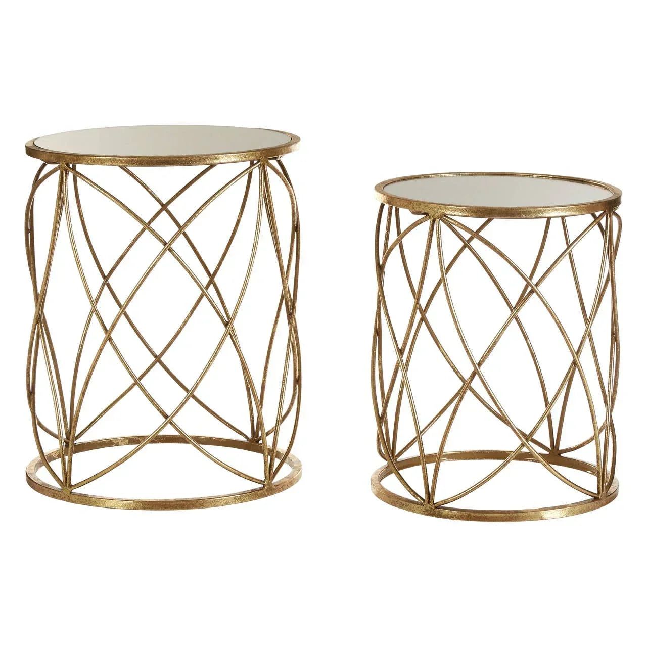 Gold metal side tables with mirrored tops and open lattice bases, set of two