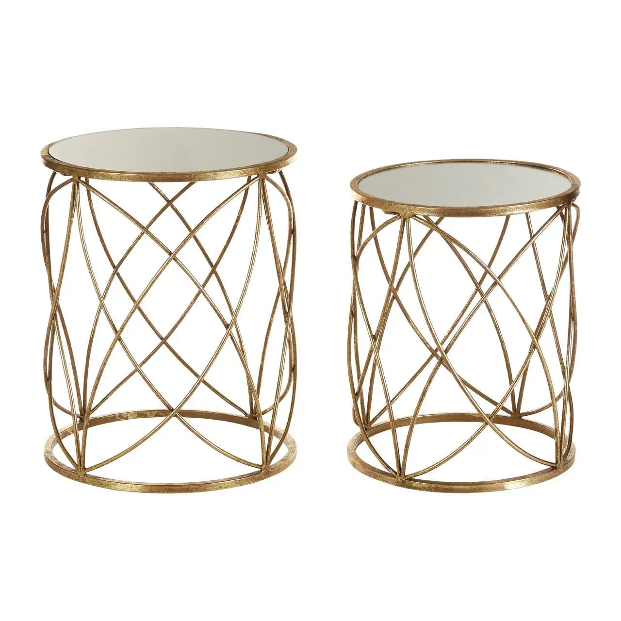 Set of two gold metal side tables with mirrored tops and geometric wire bases