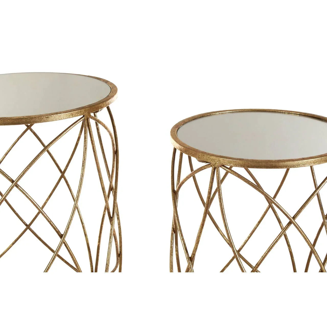 Gold frame side tables with mirrored tops and decorative crisscross metal bases