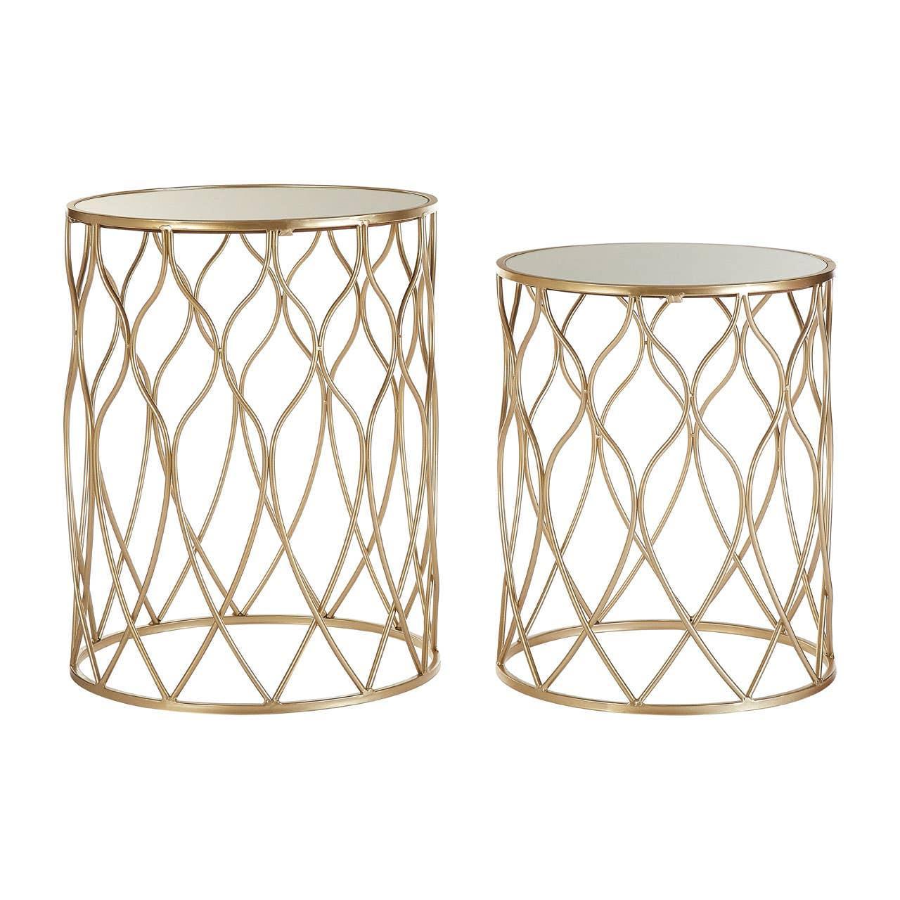 Gold metal side tables with mirrored tops and geometric openwork bases, set of two