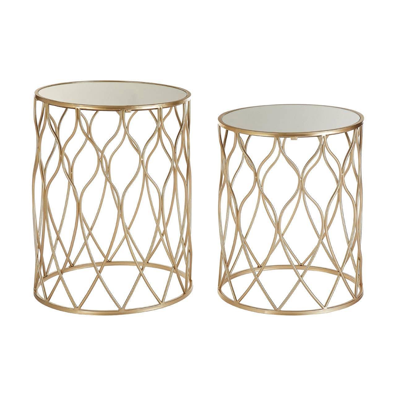 Set of two gold metal side tables with glass tops and open lattice frames