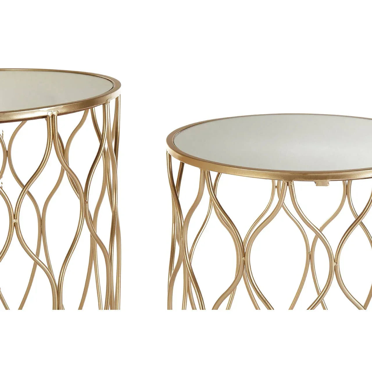 Round gold metal side tables with glass tops and wavy openwork frame design