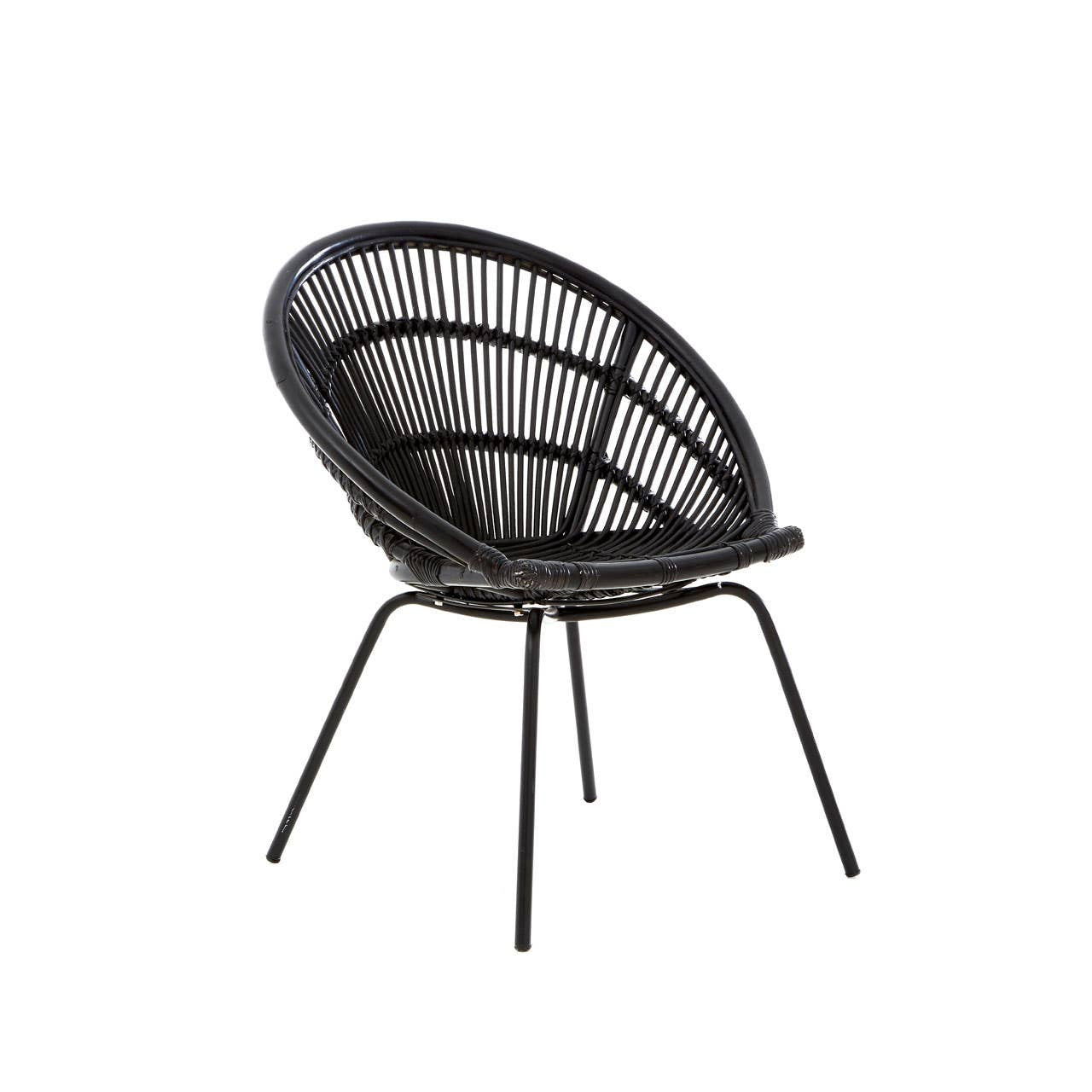 A black natural rattan chair featuring a rounded, open-weave design and sturdy iron legs, showcasing a modern and stylish aesthetic suitable for home decor