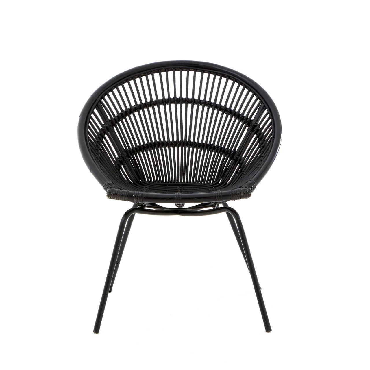 A round black rattan chair with a woven design and slender iron legs, showcasing a modern and minimalist style. The chair features a deep seat and an open back, emphasizing its airy and contemporary look