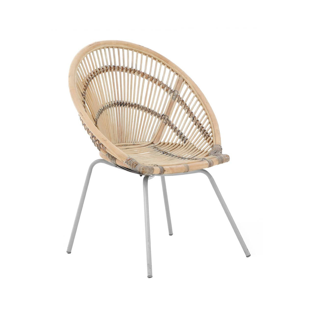 A white washed natural rattan chair with a rounded, open-back design and slender metal legs, showcasing a blend of organic textures and modern aesthetics