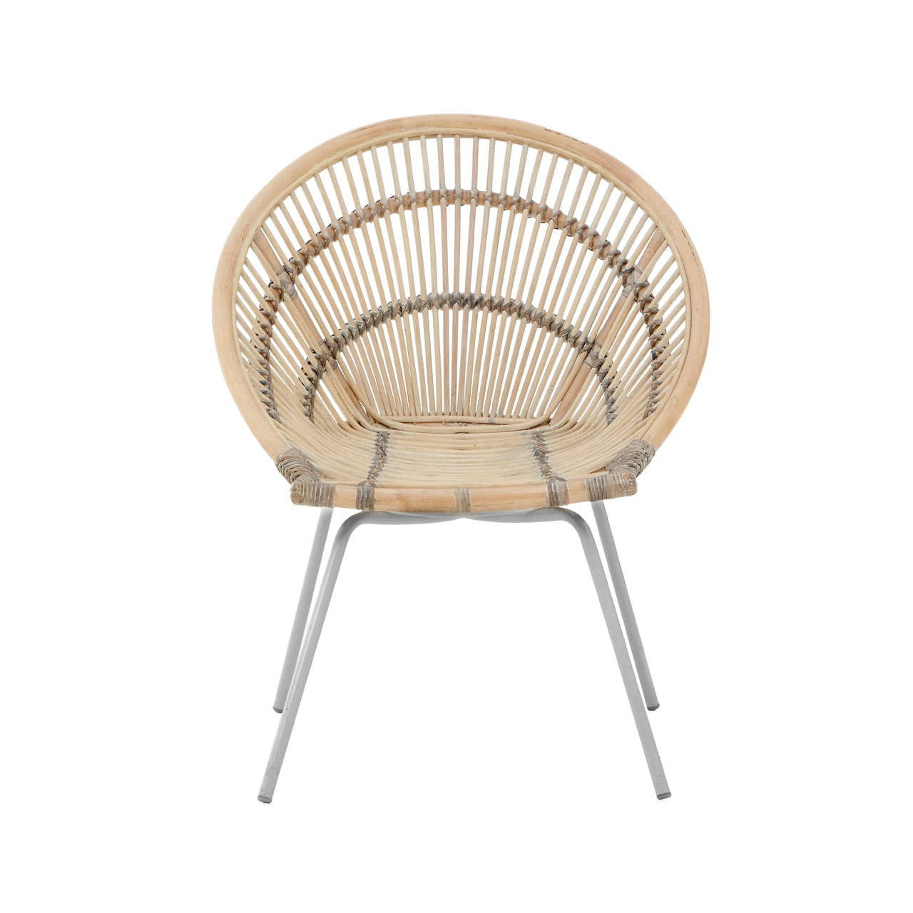 A white washed natural rattan chair with a rounded backrest and a sleek metal frame, showcasing a minimalist design that highlights the woven texture of the rattan. The chair is positioned upright, emphasizing its contemporary style and light color palette