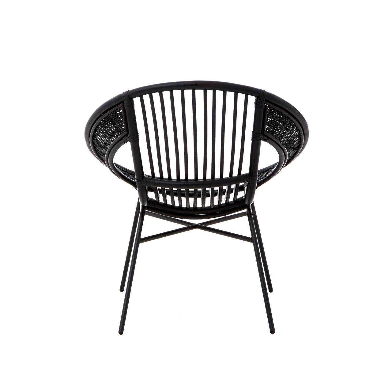 A round black chair featuring a natural rattan backrest with vertical slats and a sturdy iron frame, showcasing a minimalist design suitable for modern home decor