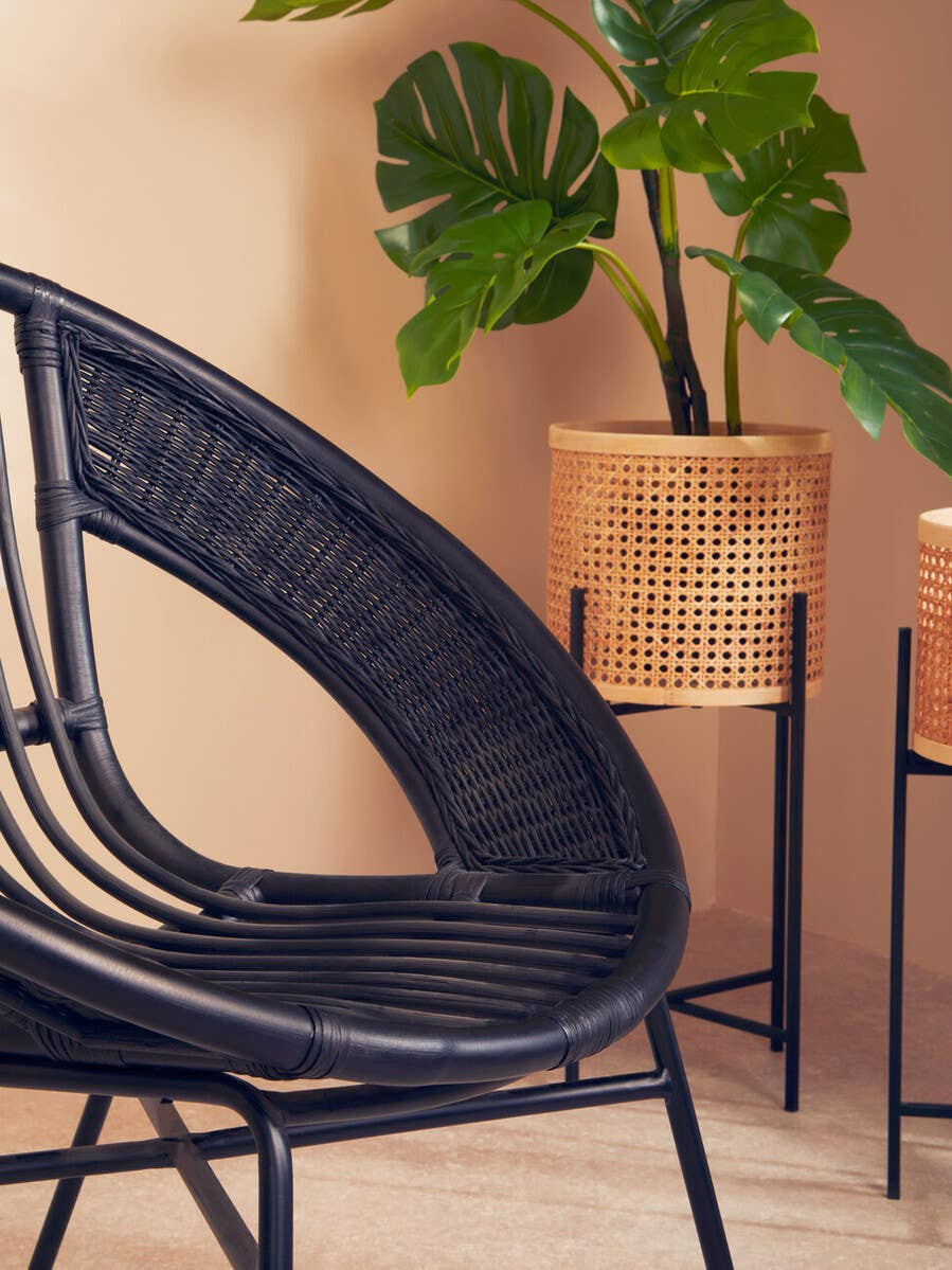 A stylish black chair made of natural rattan and iron, featuring a curved design with a woven seat and backrest. The chair is positioned next to a small, round side table and a potted plant with large green leaves, set against a warm, neutral wall