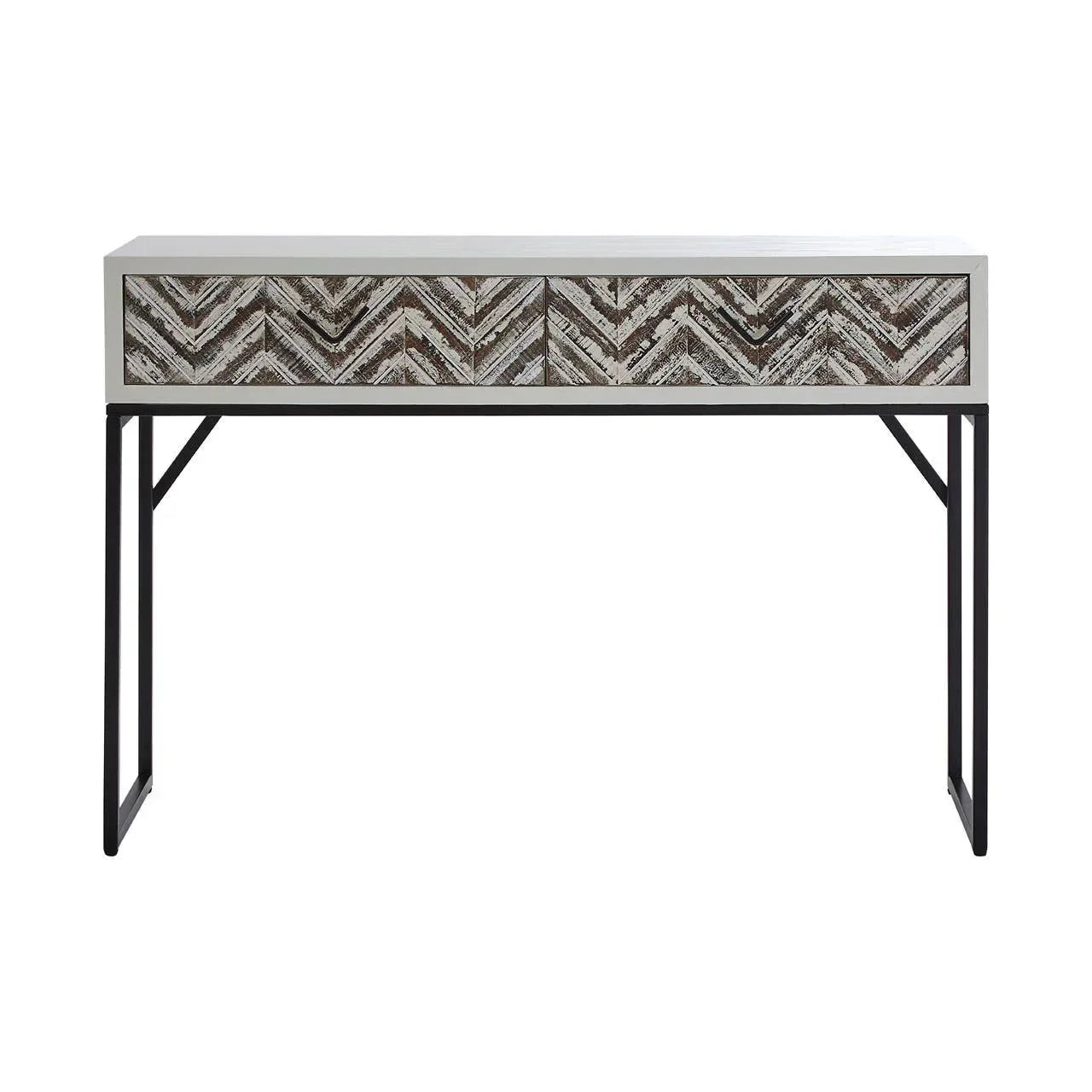 Console table with chevron pattern drawers and black metal frame
