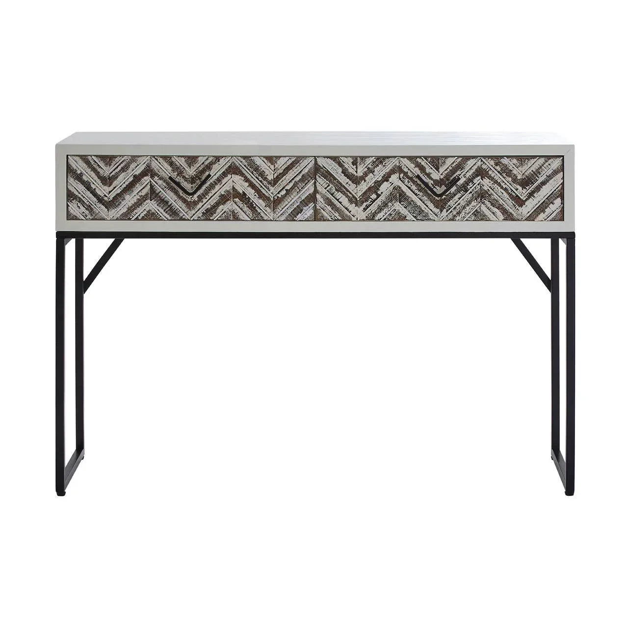 Console table with chevron wood drawers and black metal legs, front view