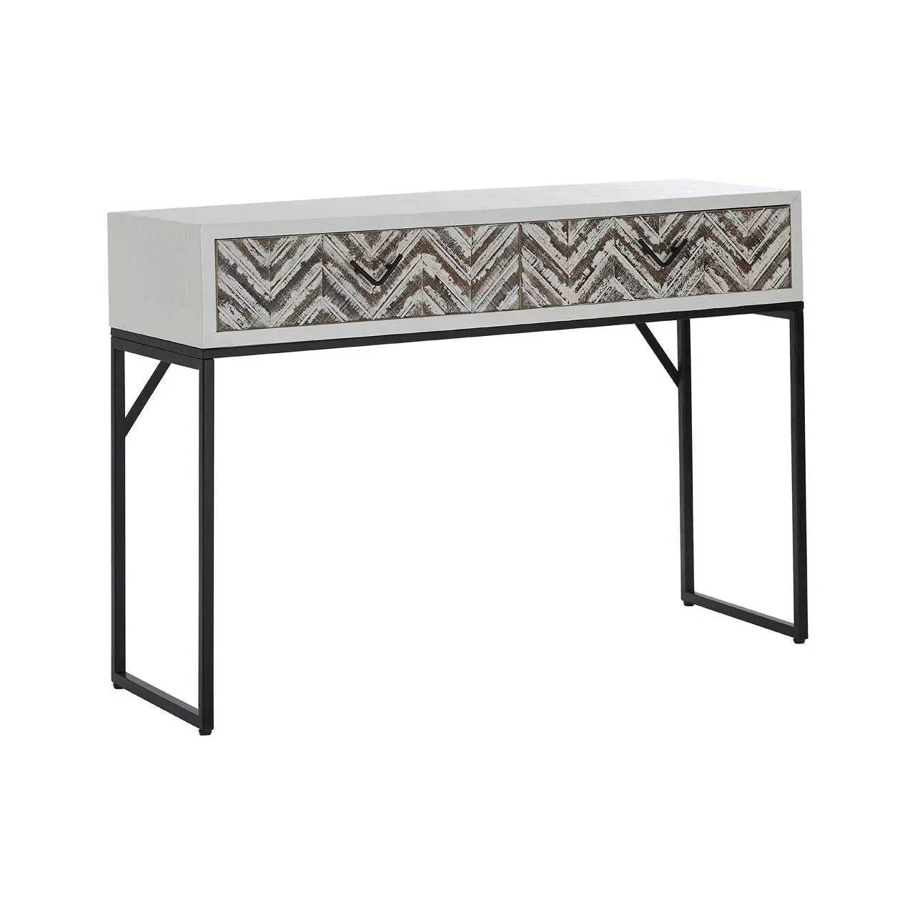 Console table with metal frame and chevron patterned drawers in rustic wood finish