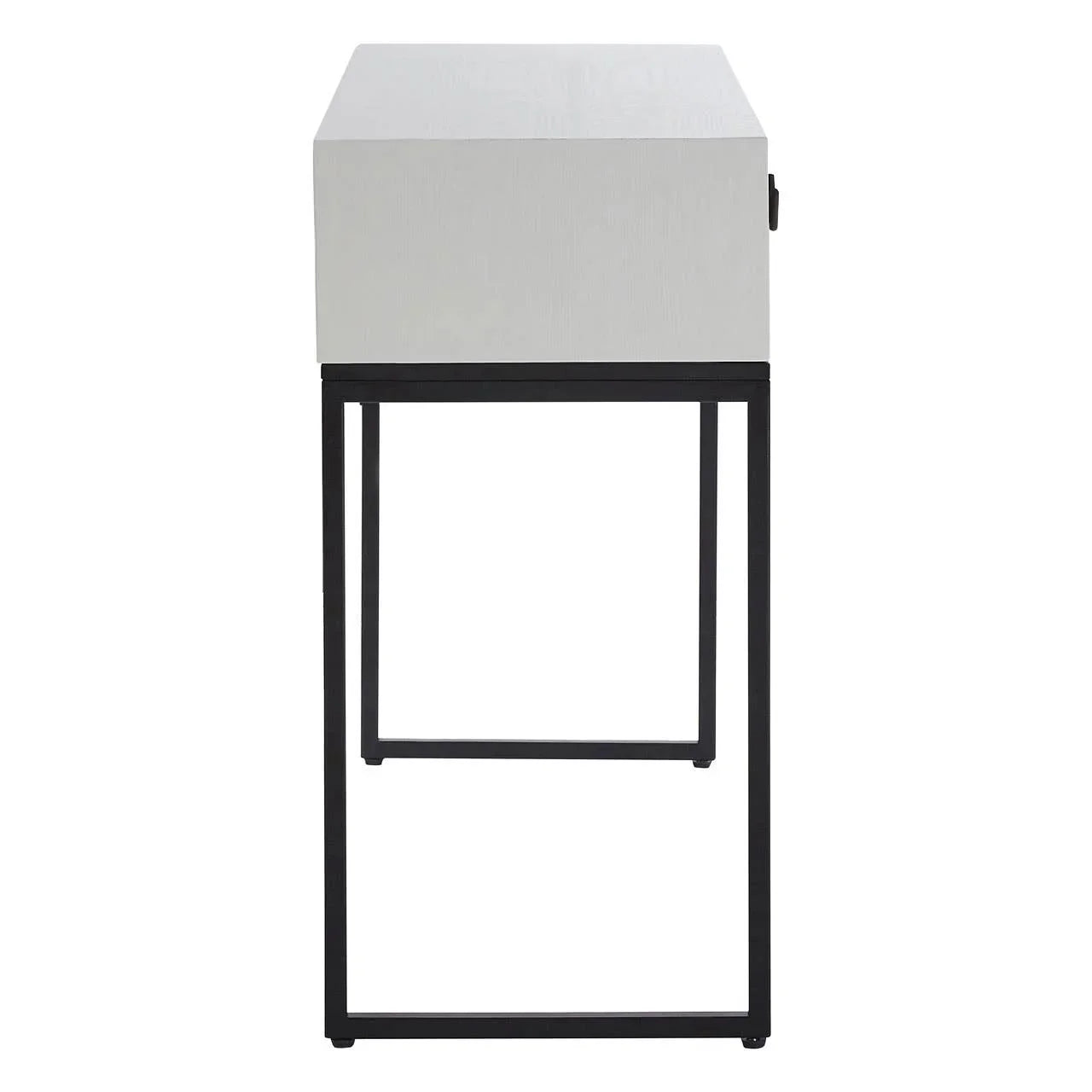 White side table with black metal legs shown from side angle
