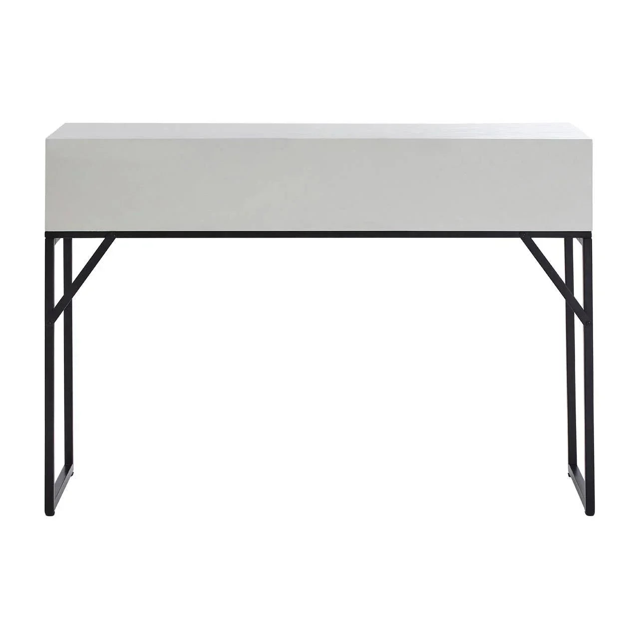 Modern console table with white top and black metal frame, front view