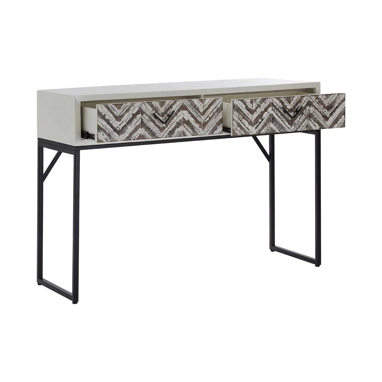 Modern console table with chevron patterned drawers and black metal legs, both drawers open