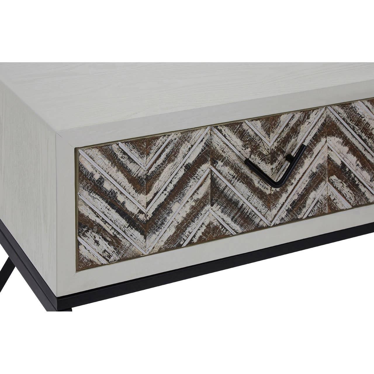 Chevron wood coffee table drawer with black metal handle and distressed finish