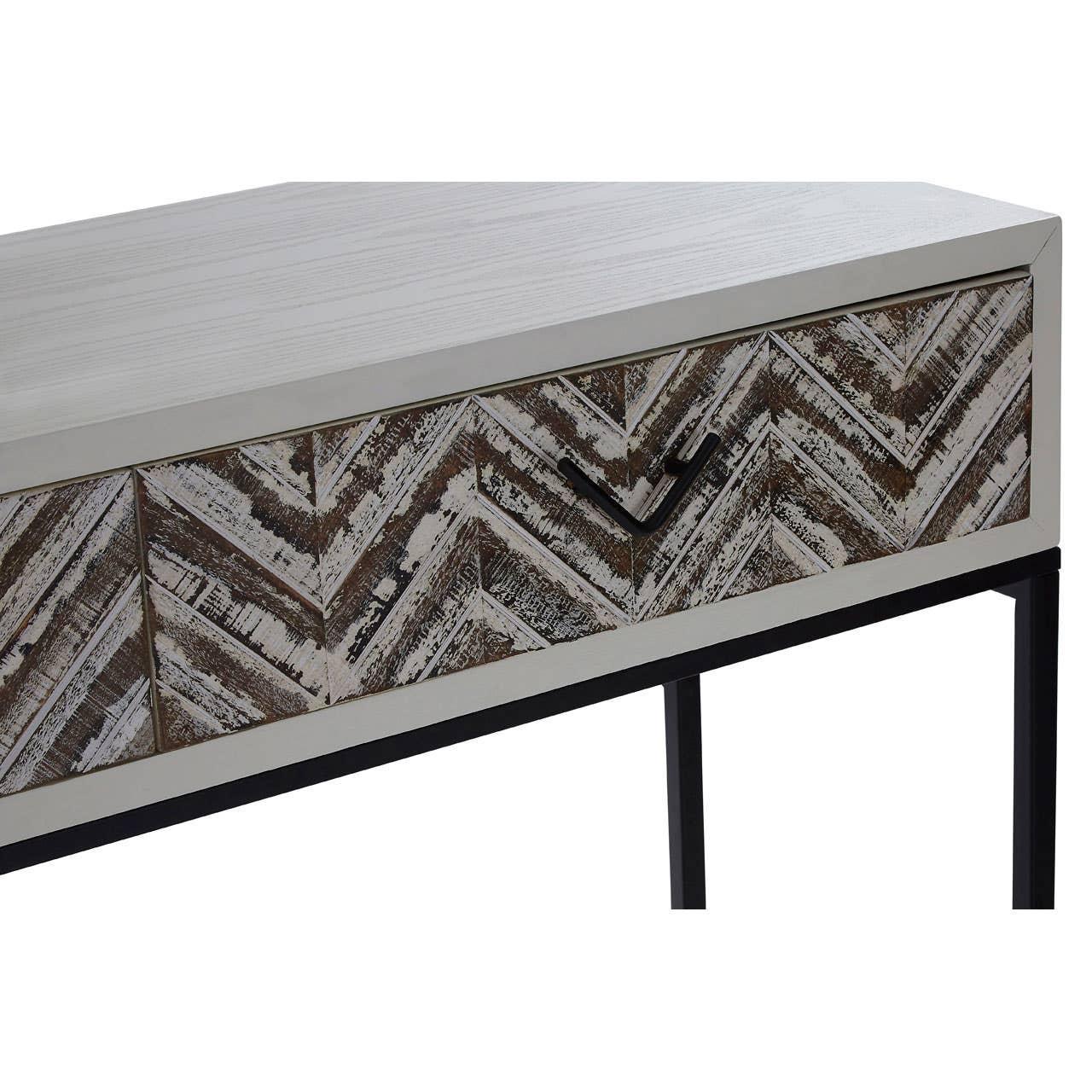 Wood console table with chevron pattern drawer front and black metal legs