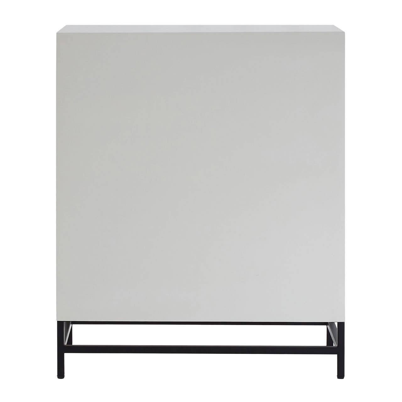 Rustic two-door cabinet featuring a chevron pattern on the doors, a light wood finish, and a sleek black metal base, designed for stylish storage in a home setting