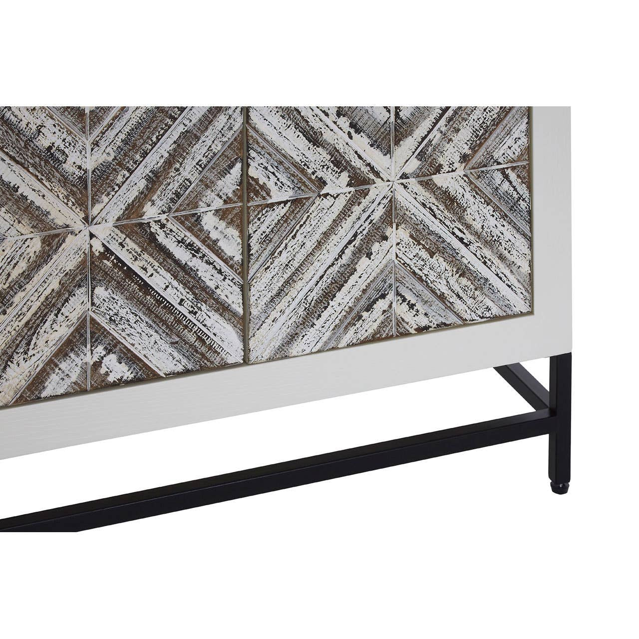 Rustic two-door cabinet featuring a chevron pattern on the front, with a light wood finish and a contrasting black metal base. The cabinet has a modern design with clean lines and a textured surface