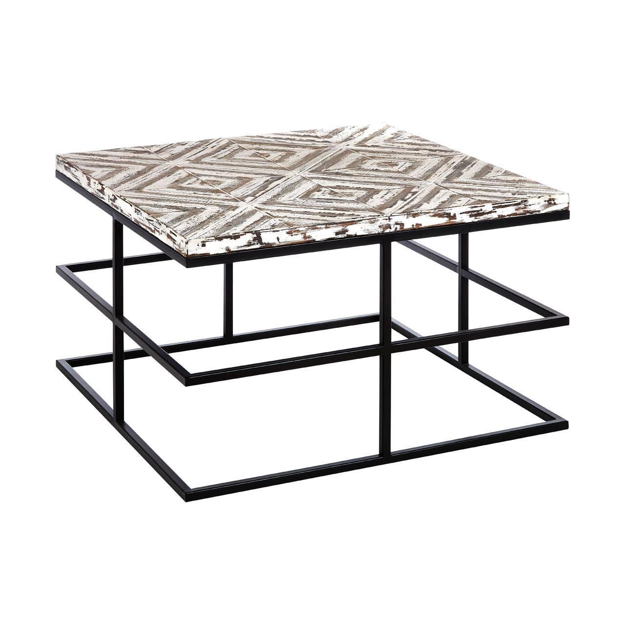 Square coffee table with patterned wooden top and black metal geometric frame