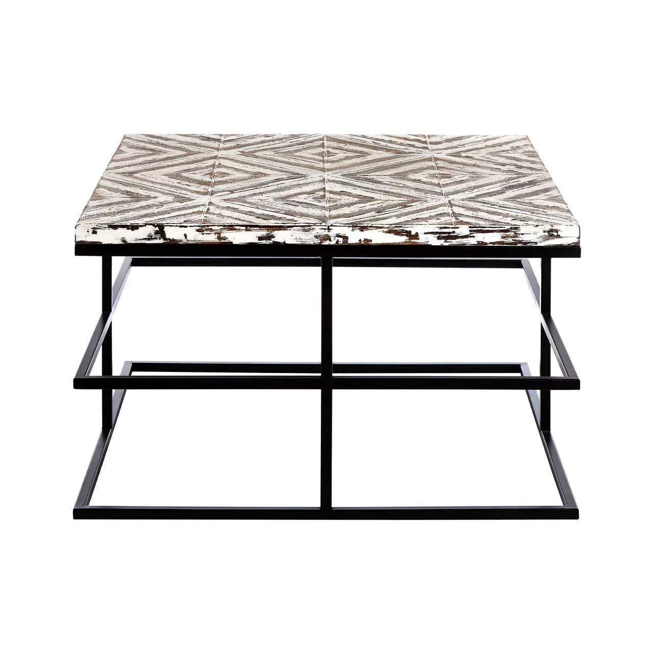 Square coffee table with distressed wood patterned top and black metal frame